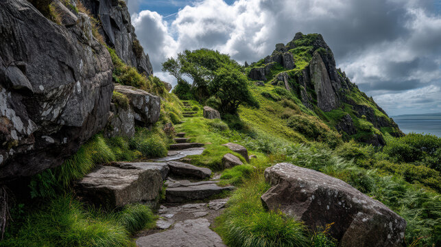 A scenic path ascends through rocky terrain, winding towards the summit amidst lush greenery and dramatic clouds in a breathtaking mountain landscape view. - Powered by Adobe