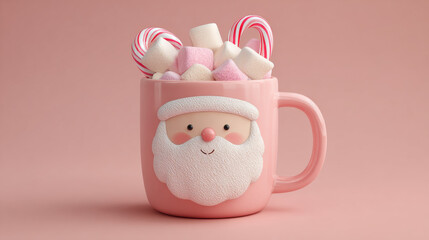 Cute Santa mug filled with marshmallows, cinnamon, and pastel candy canes, matte tones.