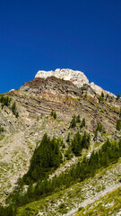 Lo spettacolare sentiero delle Crode Rosse con vista sul gruppo roccioso delle Pale di San Martino. Dolomiti, San Martino di Castrozza, Trentino, Italia