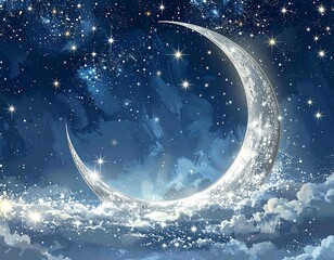 A luminous crescent moon hangs in a dark blue starry sky, with fluffy clouds below