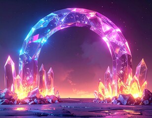 A luminous, crystalline archway glows against a cosmic, sunset-hued backdrop