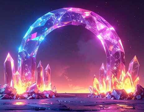 A luminous, crystalline archway glows against a cosmic, sunset-hued backdrop - Powered by Adobe