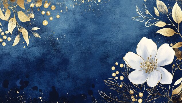 Watercolor painting with thin gold metallic outlines and chiaroscuro lighting, an elegant white flower on the right side of an ombre blue background, with golden leaves and berries around it