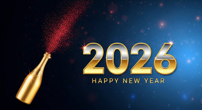 Golden champagne bottle with red glitter explosion. 2026 year digits, representing celebration, achievement, and festive greeting. Happy New Year message - Powered by Adobe