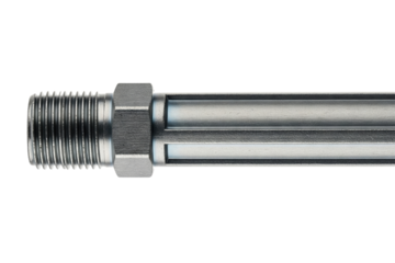 Steel mechanical shaft part with grooves and threaded tip isolated with transparent background