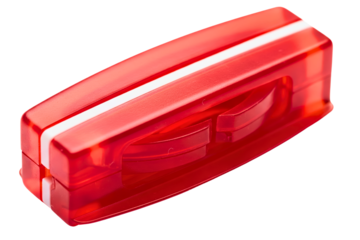 Red plastic double-hole pencil sharpener for school supplies isolated with transparent background