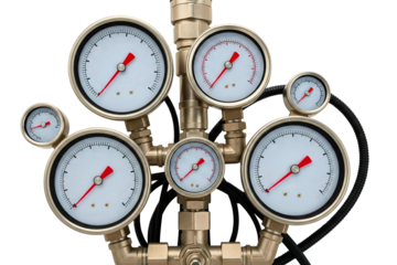 Industrial system with multiple manometers and brass pipes isolated with transparent background