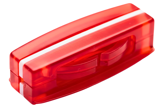 Red plastic double-hole pencil sharpener for school supplies isolated with transparent background - Powered by Adobe