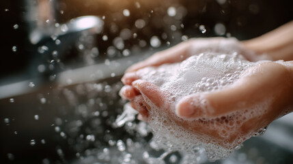 Obraz premium Macro close-up of airy soap foam on hands, emphasizing hygiene, cleanliness, and personal care themes