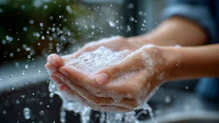 Fototapeta premium Macro close-up of airy soap foam on hands, emphasizing hygiene, cleanliness, and personal care themes