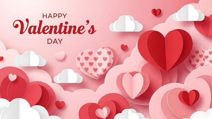 Happy valentines day paper cut design with hearts and clouds on pink background