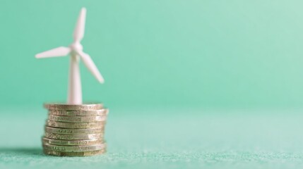 Wind turbine model on stack of coins with green background