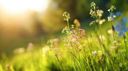 Obraz premium Green grass and wildflowers under bright sunlight in a spring field