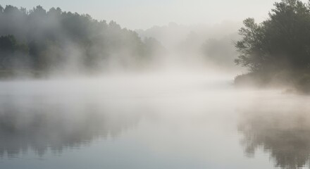 Dense morning fog hovers low over a calm river surface bordered by dark foliage.