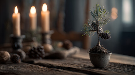  Tiny pine sapling on wooden table with candles and pinecones, muted warm lighting.