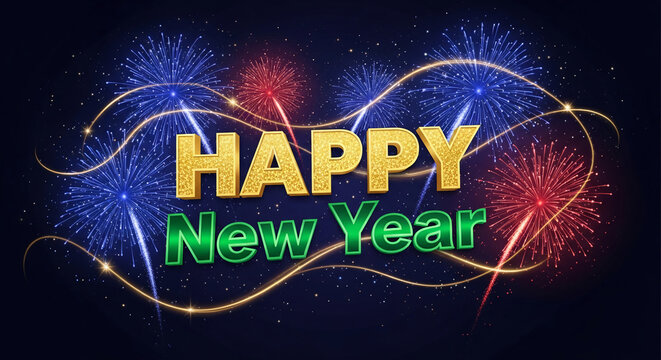 Image of festive fireworks and celebratory text art, wishing a happy new year, representing festivity, celebration, and greeting for the new year event - Powered by Adobe