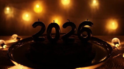 A festive cake with extinguished 2026 candles releases soft smoke as the warm golden lights glow in the background, creating a calm celebration concept