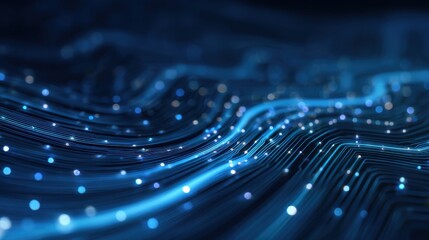 Bright dots and lines flow across a dark background, forming a network that shows movement in technology. This scene represents digital connectivity and data transfer