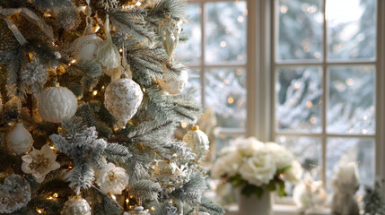 Soft light from frosted window illuminating pine tree decorated with white handmade ornaments. 