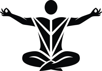 Abstract geometric vector logo of person meditating in lotus pose with arms extended for modern yoga high-performance wellness and martial arts branding