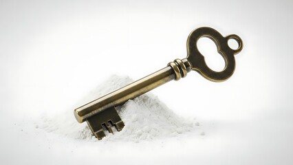 Brass Key on White Granular Powder Pile