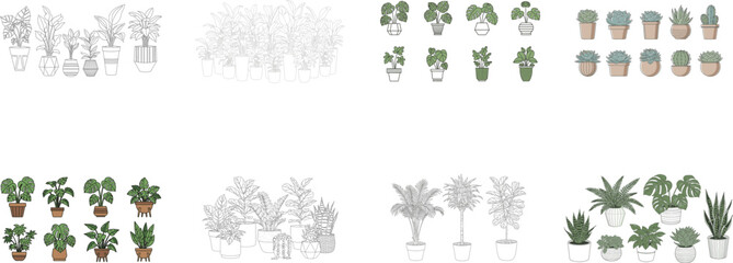 Various potted houseplants and foliage illustrations