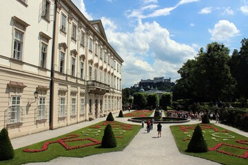 Mirabell Gardens, looking towards Fortress Hohensalzburg, Salzburg.