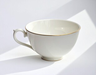 Porcelain Teacup with Gold Rim on Minimalist White Surface Under Diagonal Light