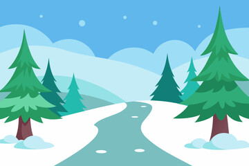 Cute snowy forest trail cartoon background simple vector illustration