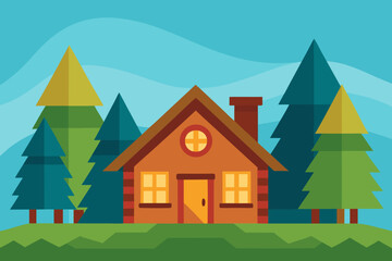 Warm cottage in woods cartoon background simple vector illustration
