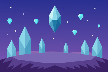 Magic floating crystals field cartoon simple vector illustration