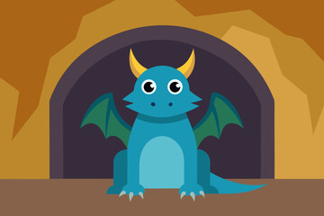 Friendly dragon cave entrance cartoon simple vector illustration