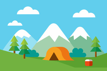 Cute mountain campsite cartoon background simple vector illustration