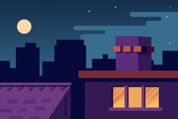 Urban rooftop night cartoon background simple vector illustration