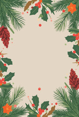 Vector illustration of a Thanksgiving and Christmas background featuring pine elements in a flat design style, with a combination of evergreen pine