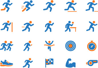 Collection of 20 flat design running and sports icons in blue and orange color scheme
