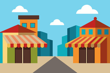 Old town market street cartoon background simple vector illustration