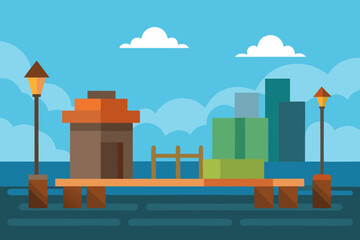 Harbor dock area cartoon background simple vector illustration