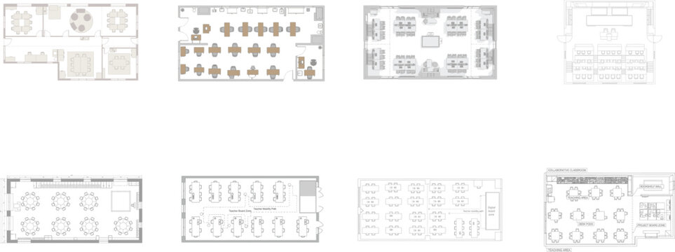 Diverse office and classroom floor plan arrangements