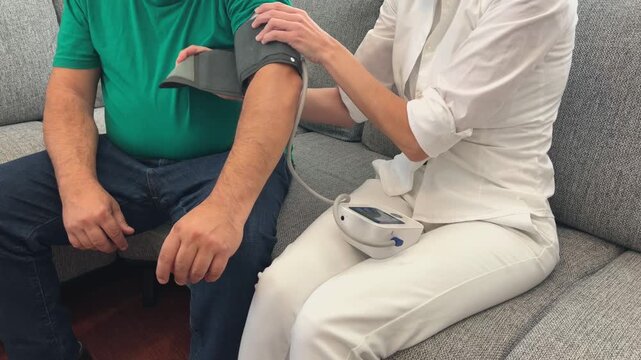Cuidadora midiendo la presi&oacute;n arterial a paciente