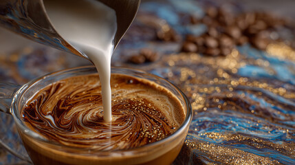 Macro shot of oat milk being poured into espresso, swirling textures representing plant-based beverage trends