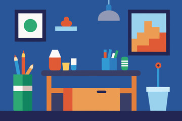 Art room with supplies cartoon background simple vector illustration