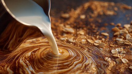 Macro shot of oat milk being poured into espresso, swirling textures representing plant-based beverage trends