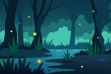 Enchanted swamp with fireflies cartoon background simple vector illustration