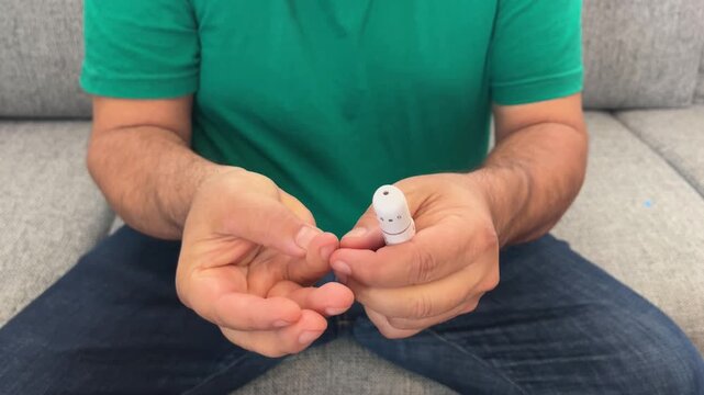 Paciente realizando punci&oacute;n en el dedo para prueba de glucosa