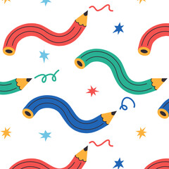 Seamless pattern with twisted curved pencils. Flexible pencils,  school studying supplies. Fun background for children's room, clothes, textiles, paper, school banner.