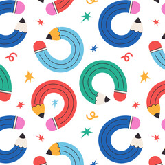 Colorful background with flexible pencils. Fun school supplies, children's drawing. Seamless pattern with squiggles and twisted curved pencils. Perfect for wallpaper, textiles, packaging, wrapping