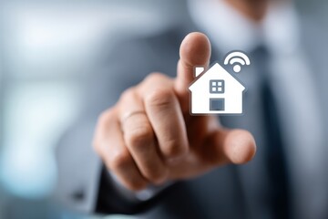 Futuristic home control, Smart icon with gesture interface, Digital house icon amid connectivity symbols, Touchsensitive home icon floats over blurred professional background