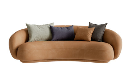 Front view of a leather curved couch with pillows on a transparent background.

