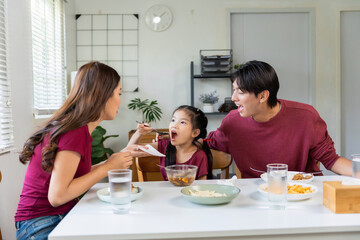 Asian family enjoying a meal together at the dining table. Mother feeding her young daughter with a spoon, father watching